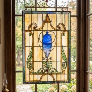 Quoizel Stained Glass Window Panel Neoclassical Urn Design Size 24x18 “